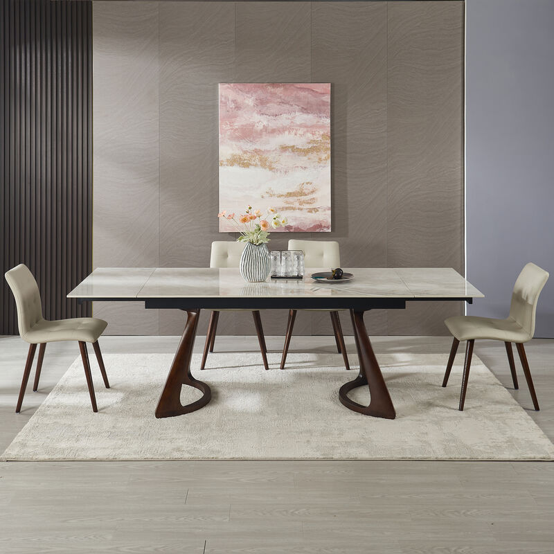 6-Person Dining Table Sets with Retractable Imitation Sintered Stone Table,Heavy Duty Carbon Dark Walnut Solid Wood Base for Kitchen,Living Room image number 1