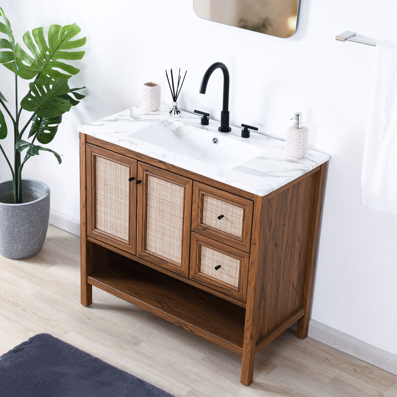 Jasper 36 in. W x 18 in. D x 33 in. H Rattan Modern Coastal 2-Shelf Bath Vanity Cabinet Only (Sink Basin Not Included)