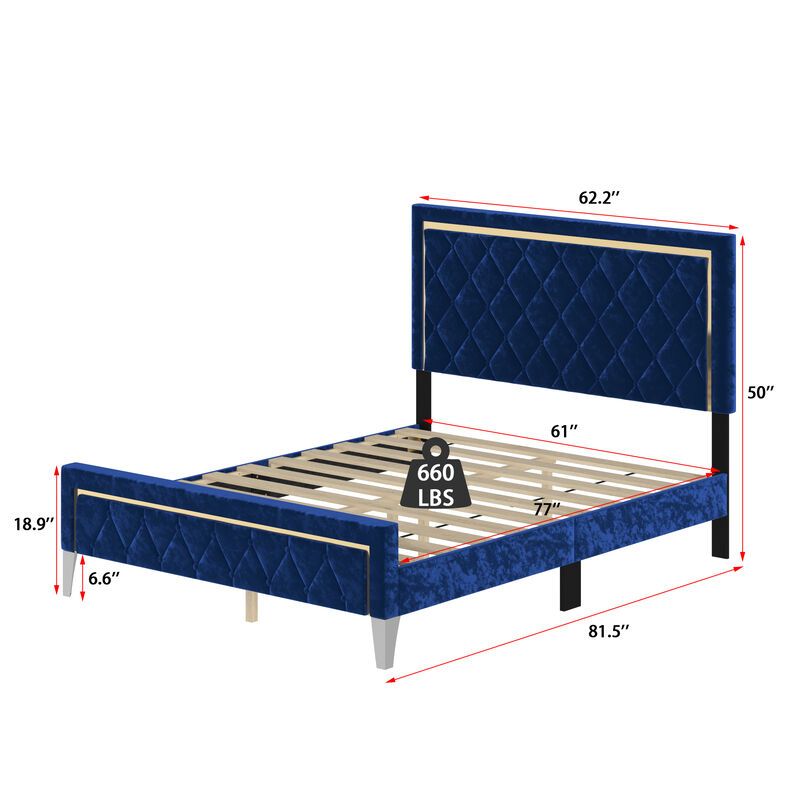 FUFU&GAGA Blue Upholstered Bed with Diamond Tufted Headboard, High Legs & Reinforced Frame, Luxurious Polyester Fabric, Spacious Queen Size (81.5 in. L x 62.2 in. W x 50 in. H)