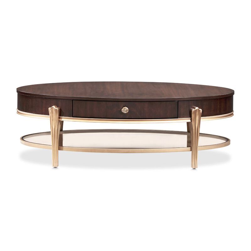 Michael Amini Camellia Field Oval Cocktail Table - Warm Pecan