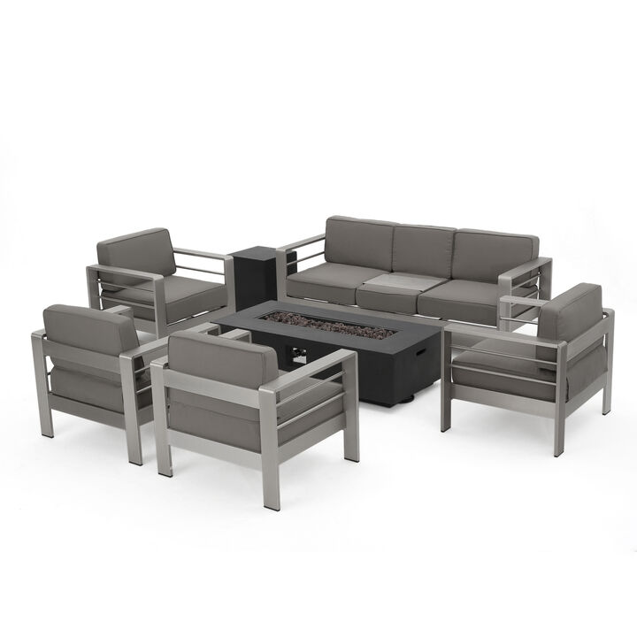 Christopher Knight Home Carly Outdoor Aluminum 7 Seater Chat Set with Fire Pit