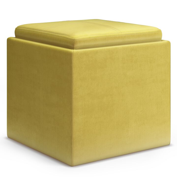 Rockwood Cube Storage Ottoman with Tray in Dijon Yellow Velvet Fabric