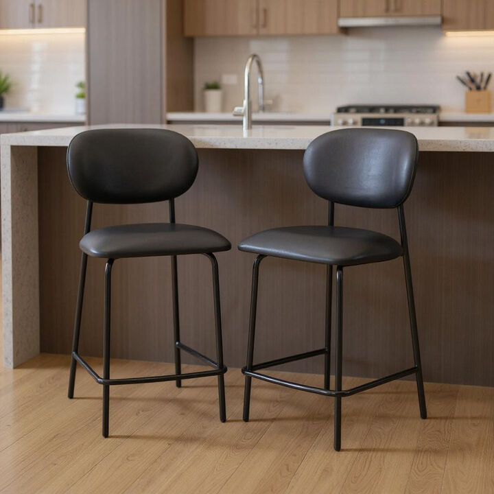 HomeRoots Set of Two 26" Black Faux Leather and Metal Counter Height Bar Chairs