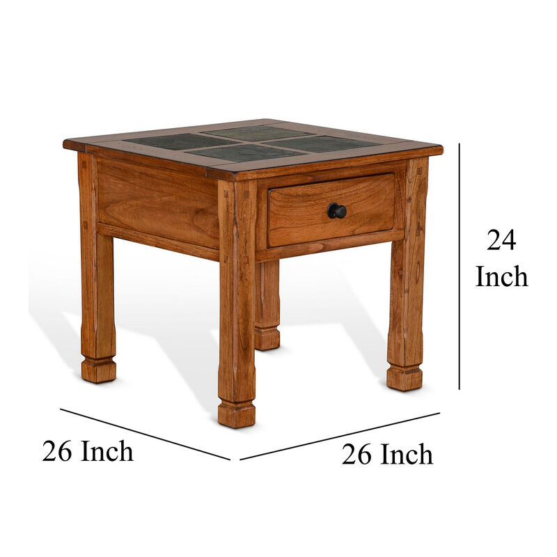 Marv Side End Table w Drawer, 26 Inch Square Slate Inlay Top, Brown
