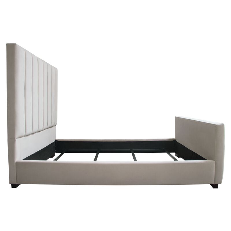 Eva Queen Bed, Vertical Channel Tufted Light Gray Velvet Upholstery
