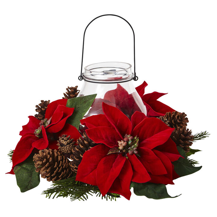 Nearly Natural 18-in Poinsettia, Pine & Pine Cone Candelabrum