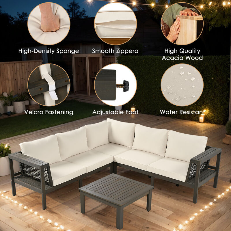 Whisen 4-Piece Acacia Wood Outdoor L-Shaped Sofa Set with Woven Mesh Armrests and Coffee Table