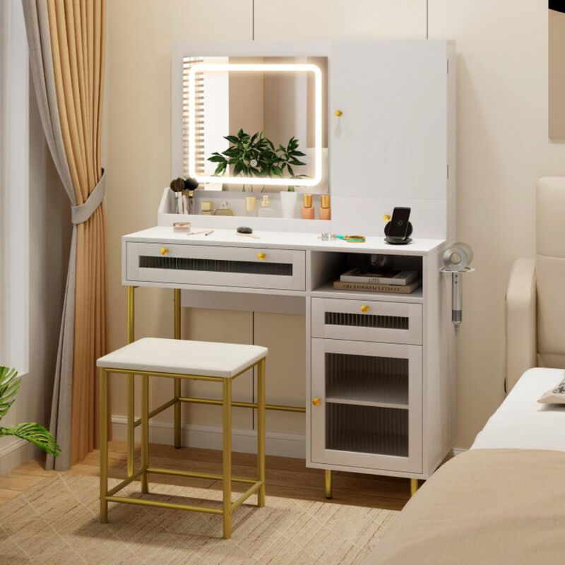 Hivvago Modern Makeup Vanity Desk with Mirror and Lights and Stool Set