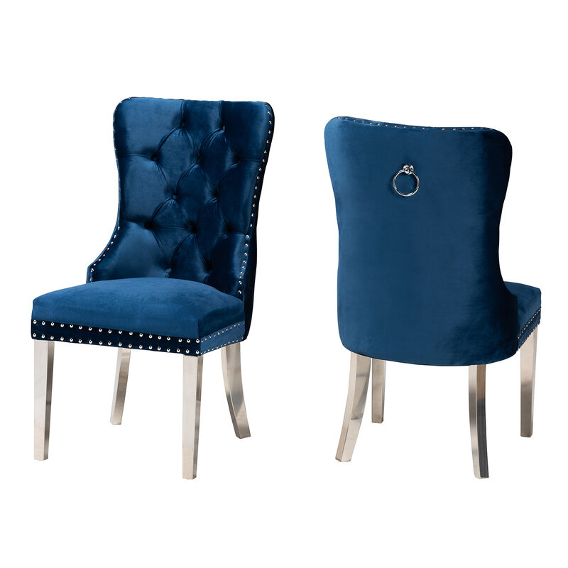 Baxton Studio Honora Navy Blue Velvet Fabric and Silver Metal 2-Piece Dining Chair Set