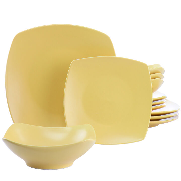 Gibson Home Zen Buffetware 12 Piece Square Fine Ceramic Dinnerware Set in Matte Yellow