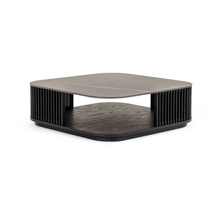 Cid Cia Coffee Table, 39 Inch Black Ceramic, Solid Wood Frame - Benzara