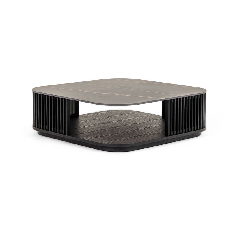 Cid Cia Coffee Table, 39 Inch Black Ceramic, Solid Wood Frame - Benzara