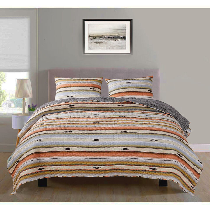 3 Piece Microfiber King Size Quilt Set with Chevron Print, Multicolor - Benzara