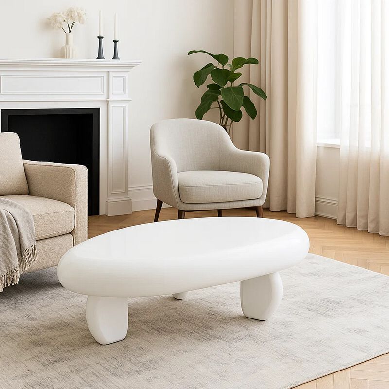 Vayu Coffee Table, 30 Inch Asymmetric Pebble Design, High Gloss White image number 6