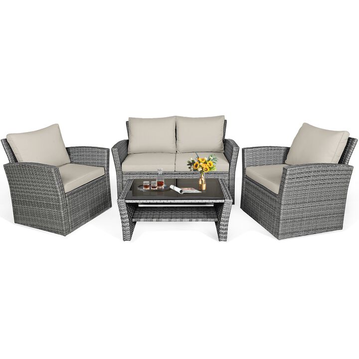4 Pieces Patio Rattan Furniture Set Sofa Table with Storage Shelf Cushion