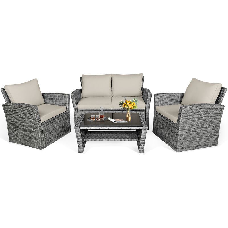 4 Pieces Patio Rattan Furniture Set Sofa Table with Storage Shelf Cushion