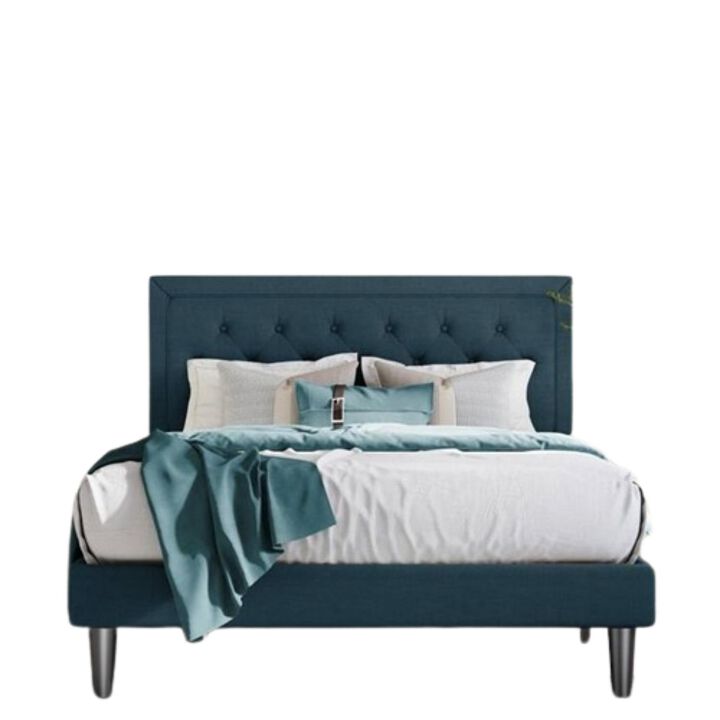 Hivvago King Adjustable Height Platform Bed Frame with Blue Upholstered Headboard