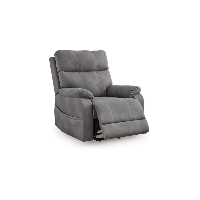 Corbin Power Lift Recliner Chair, Gray Faux Leather, Pillow Top Arms - Benzara