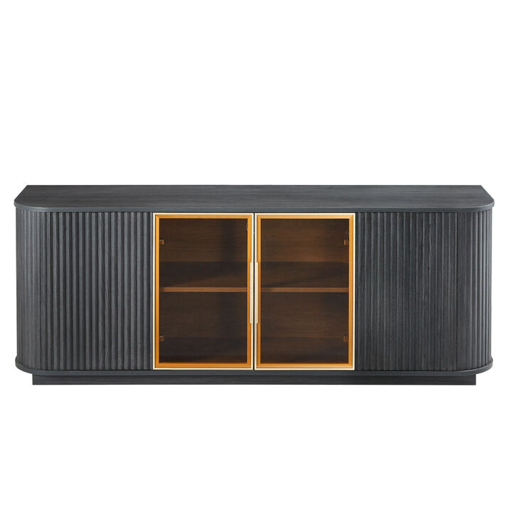 TATEUS Black 64" Wavy TV Stands – Round Sideboard with Wooden Vertical Stripes & Tempered Glass Doors