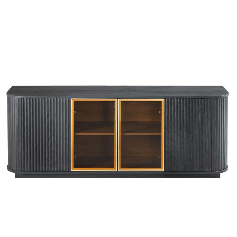 TATEUS Black 64" Wavy TV Stands &ndash; Round Sideboard with Wooden Vertical Stripes & Tempered Glass Doors