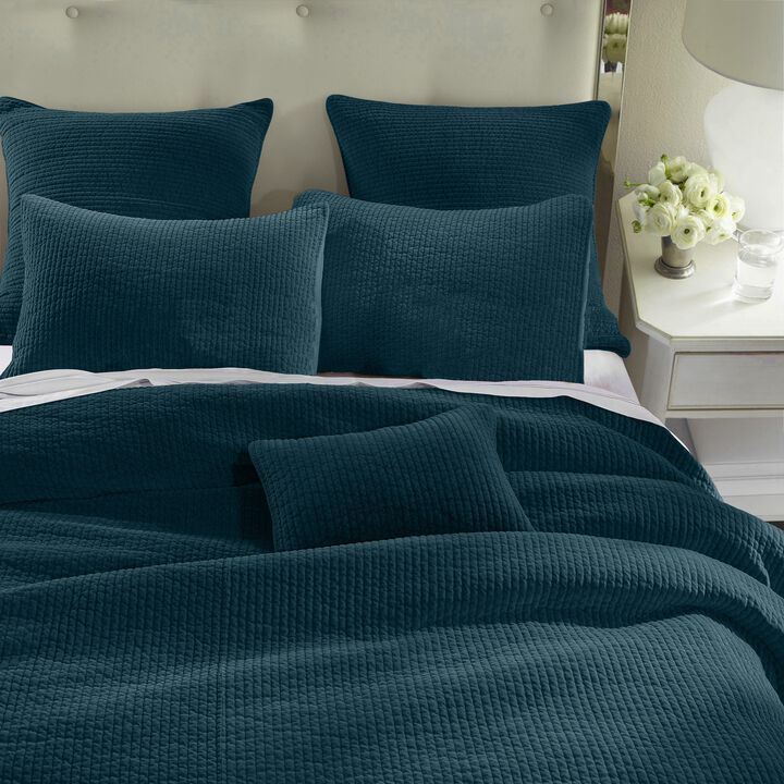 Stonewashed Blue Cotton Velvet King Quilt Set