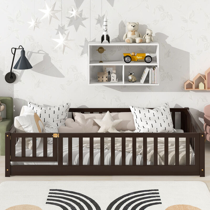 Whisen Twin Size Rubber Wood Floor Bed with Safety Guardrails & Door, Kids Bed image number 3