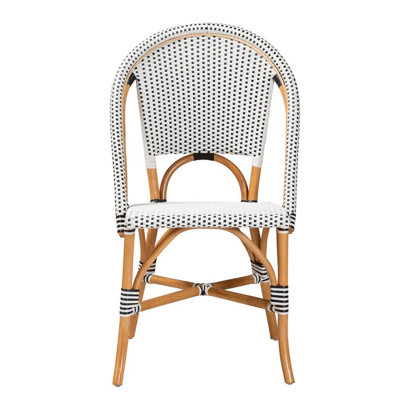 Baxton Studio Genica Classic French Black and White Weaving and Natural Brown Rattan Indoor and Outdoor Bistro Chair