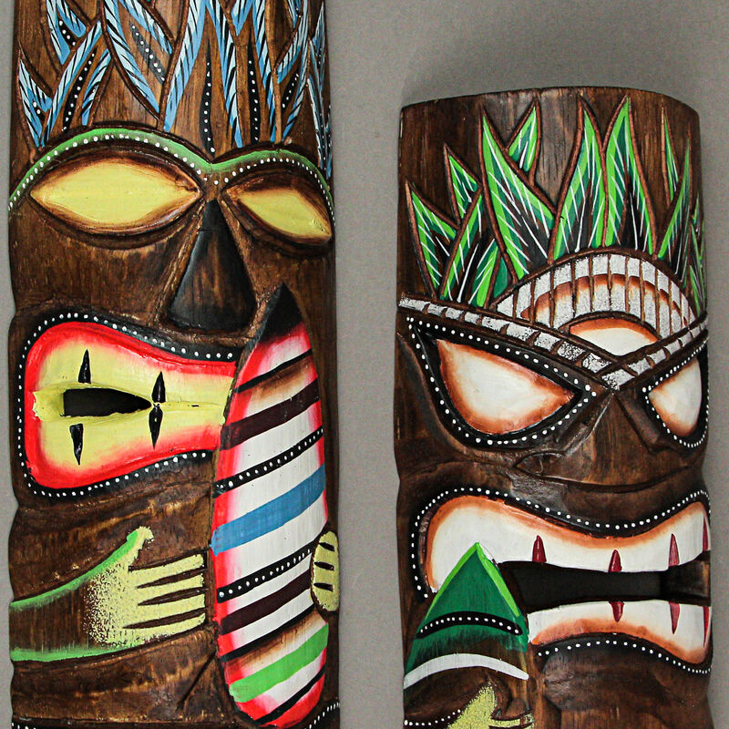 12 Inch Hand Carved Wooden Surfer Tiki Masks Wall Hanging Beach Home Decor Set image number 4