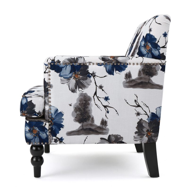Lit Accent Chair, Button Tufted Floral White Blue Print, Multicolor