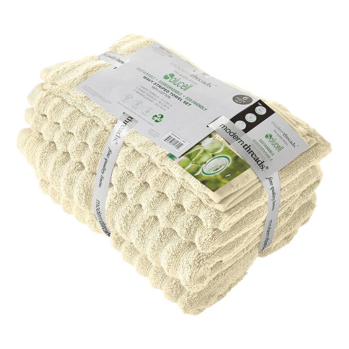 Cora 6 Piece Soft Egyptian Cotton Towel Set, Classic Textured Design, Cream-Benzara
