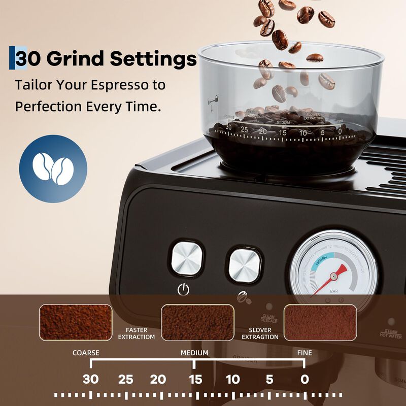 20 Bar Coffee Machine with Built-in Grinder, Stainless Steel, Steam Wand, 2.8L Tank &ndash; Home&Office image number 2