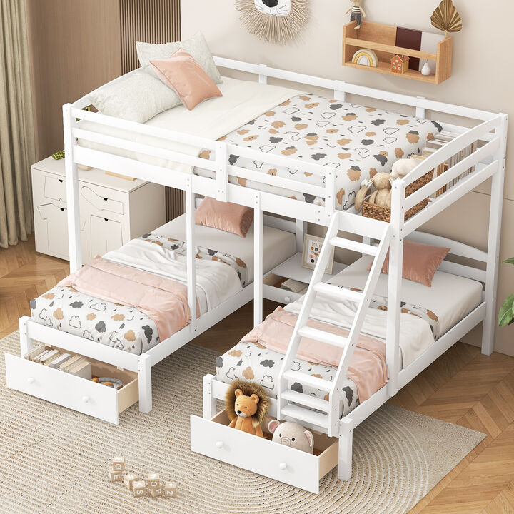 Merax Full over Twin & Twin White Triple Bunk Bed with Multi Storage Drawers