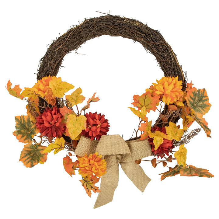 Fall Foliage with Mum Flowers Artificial Thanksgiving Twig Wreath  20-Inch