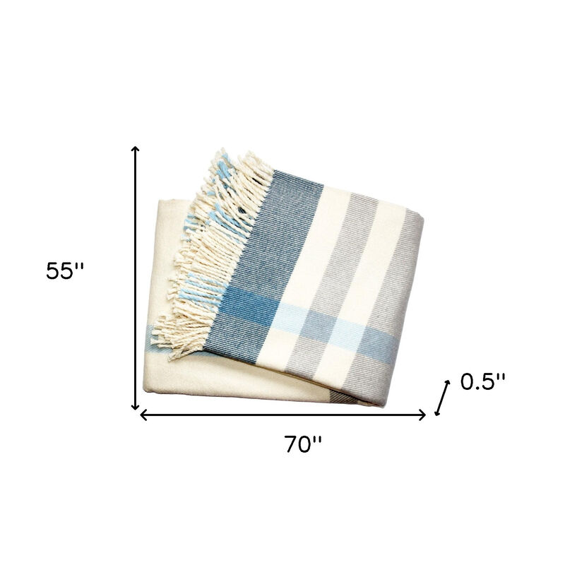 HomeRoots Plush Multi Blue Plaid Throw Blanket with Tassels image number 3