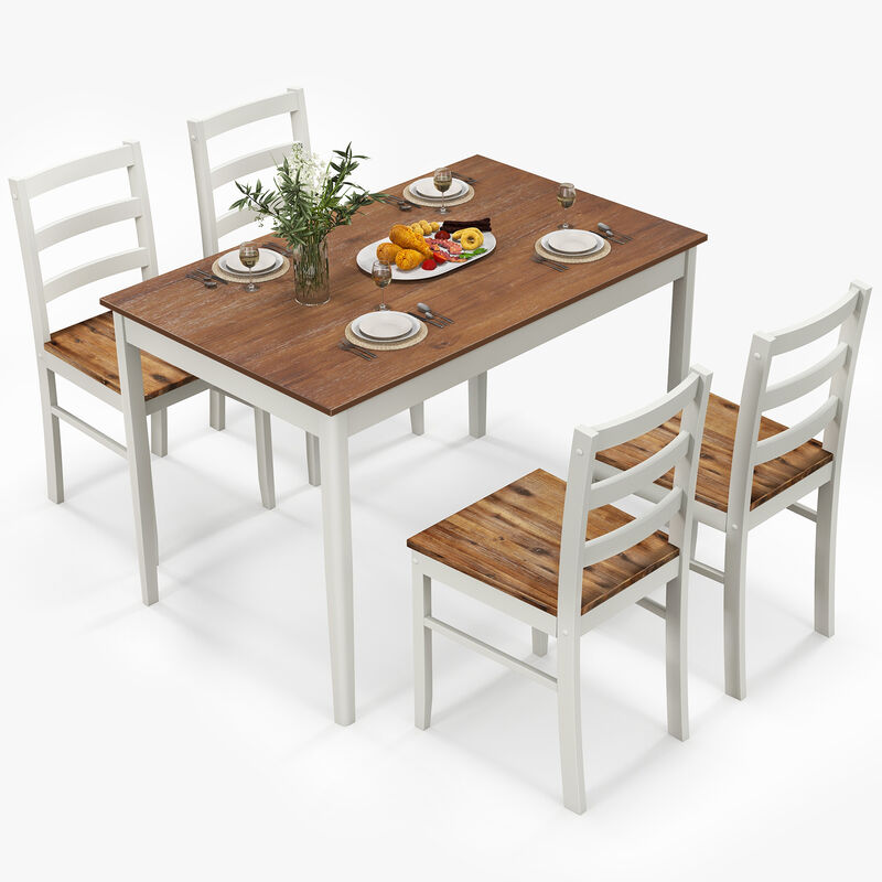 5-Piece Wooden Dining Set with Rectangular Table and 4 Chairs-Coffee and White