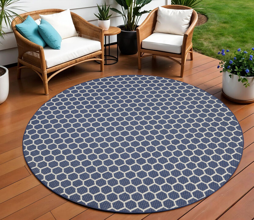 HomeRoots 8' Navy Blue And Ivory Geometric Indoor Outdoor Area Rug