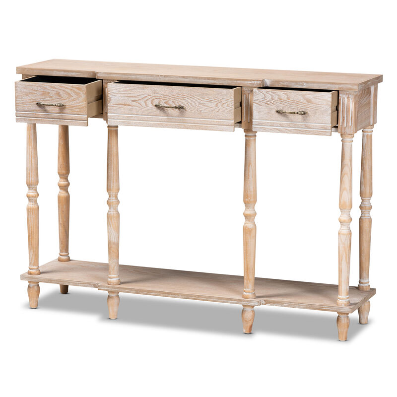 Baxton Studio Hallan Whitewashed Oak Brown Finished Wood 3 Drawer Console Table