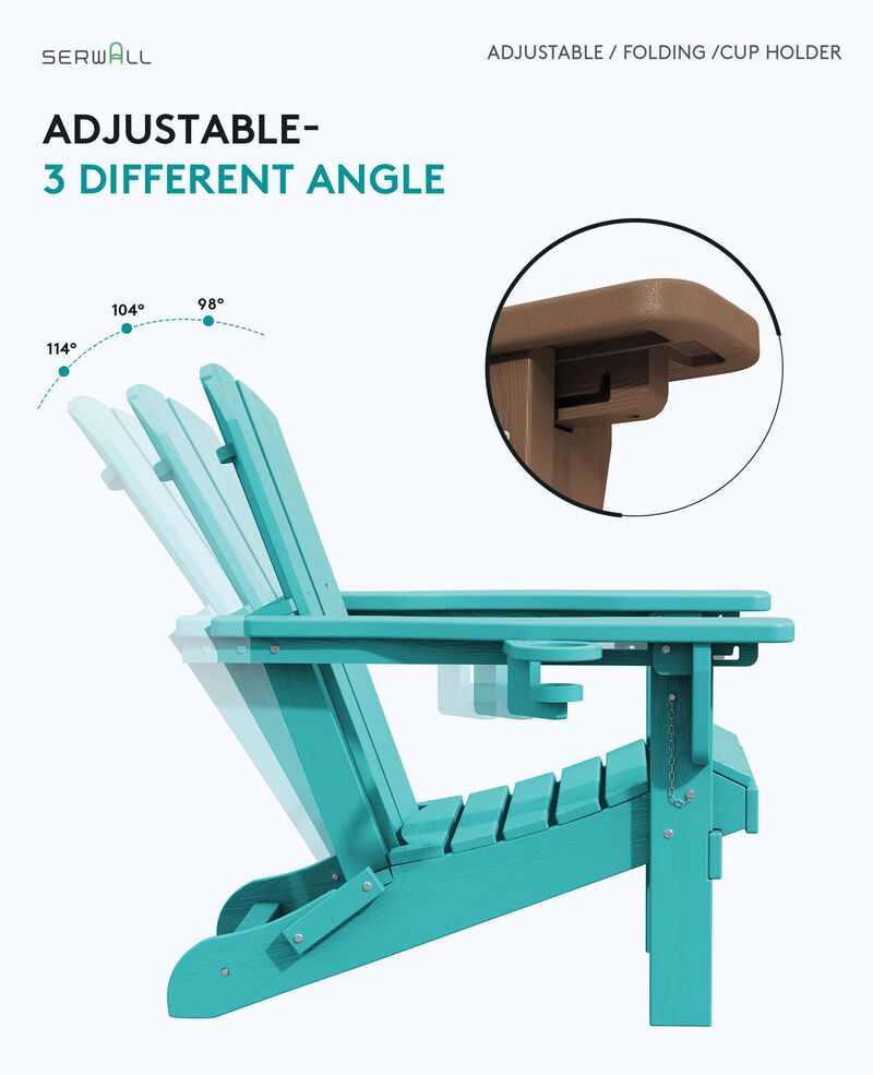 SERWALL Adjustable Folding Adirondack Chair, Reclining Adirondack Chair with Cup Holder, Aruba
