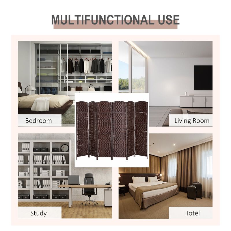 Brown Office Partition: 6-Panel Wicker Folding Privacy Screen