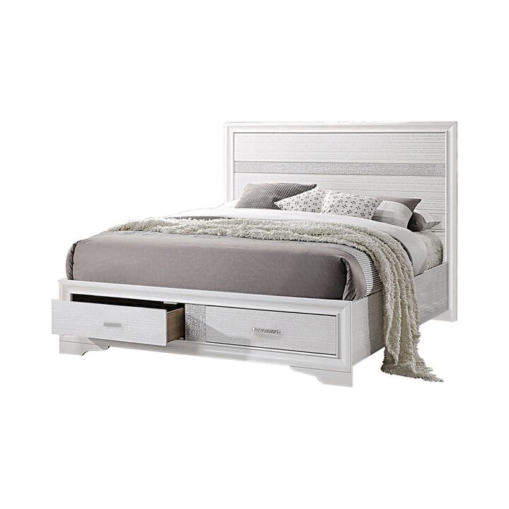 Contemporary Queen Bed with Drawers and Glittering Stripes, White - Benzara