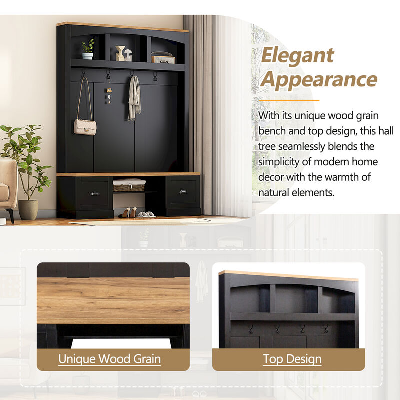 Merax Farmhouse 4-in-1 Hall Tree with Wood Grain Bench