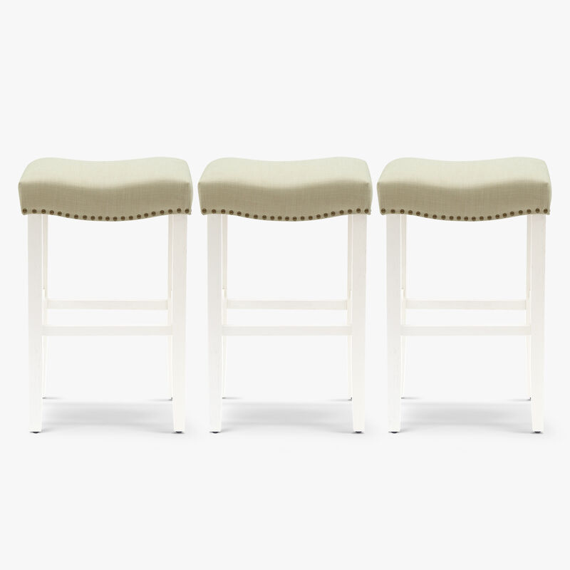 WestinTrends 29" Upholstered Saddle Seat Antique White Bar Stool (Set of 3)