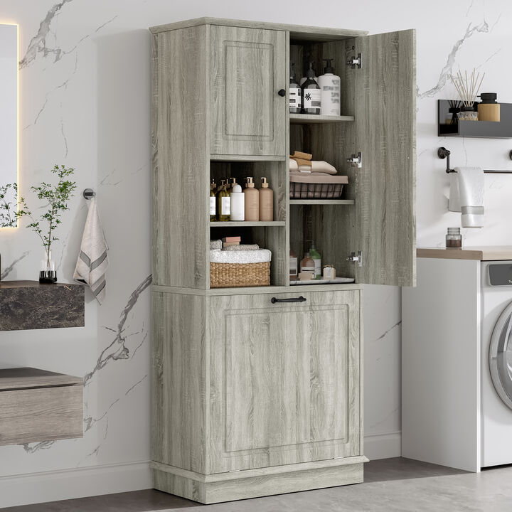Merax Tall Storage Cabinet with Adjustable Shelves, Large Flip-Out Basket & Enclosed Cabinets – Perfect for Bathroom