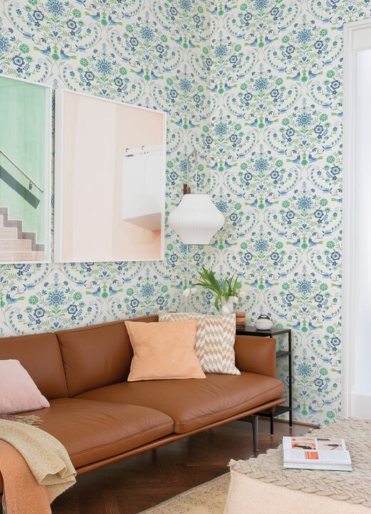 Britt Sapphire Embroidered Damask Wallpaper