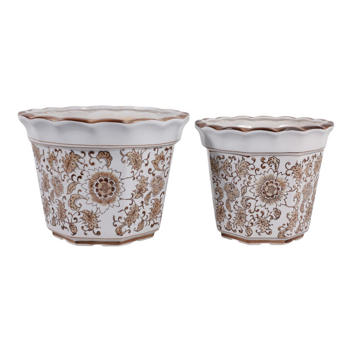 S/2 10/12" Flower Chinoiserie Planters,brown