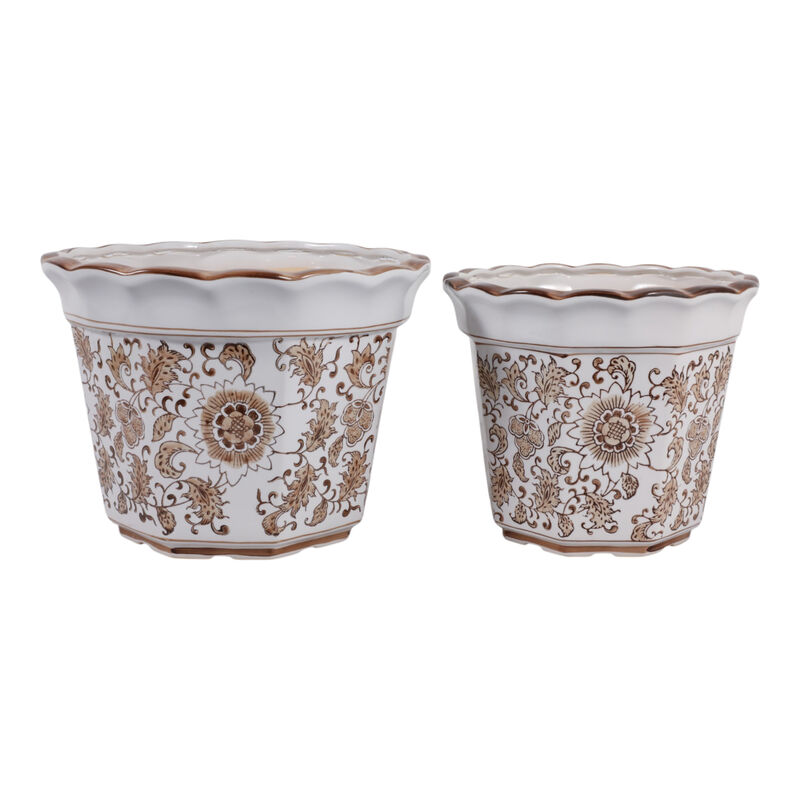 S/2 10/12" Flower Chinoiserie Planters,brown image number 0