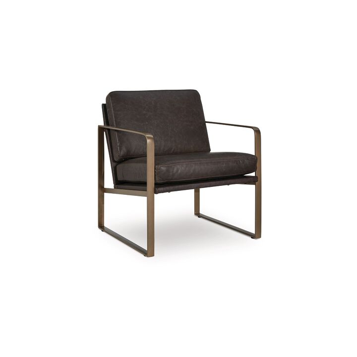Bary Accent Chair, Dark Brown Top Grain Leather Cushions, Gold Metal