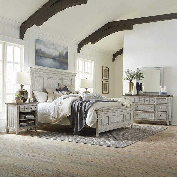 Liberty Furniture Queen Panel Bed, Dresser & Mirror, Night Stand - Antique White w/ Tobacco Tops