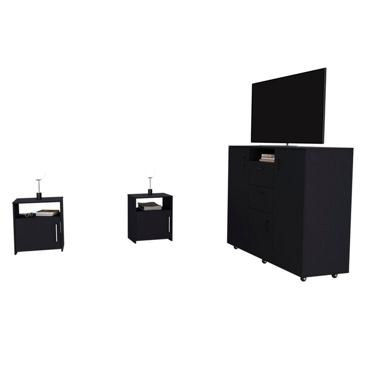 DEPOT E-SHOP Newport 3 Piece Bedroom Set, Milano Double Door Cabinet Dresser + 2 Omaha Nightstands, Black