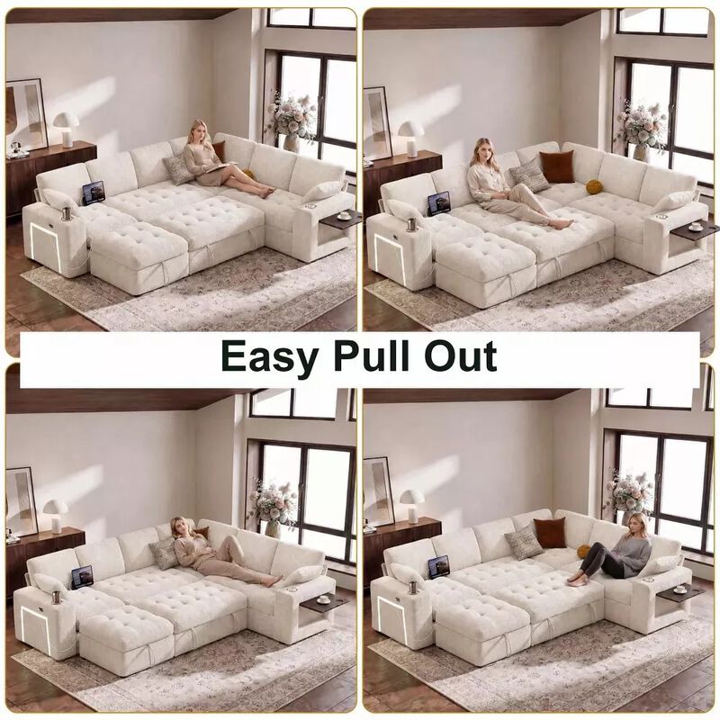 Vipbear 110" Modular Sectional Sleeper Sofa, Pull Out Bed, 7-Seat Chenille L-Shaped Couch, Storage image number 6